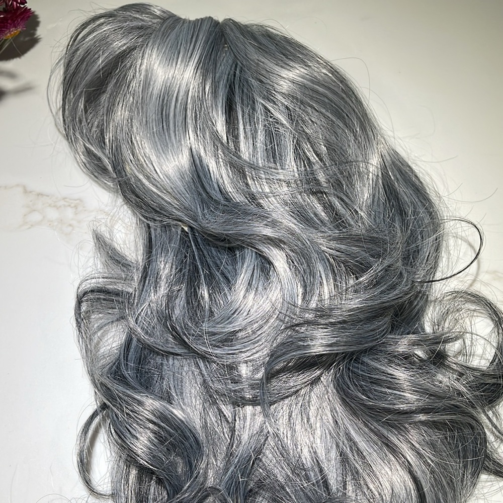 HAIR, 25” Long Layers, Wavy, Swoop Bangs, center part, Silver/Black/Gray - Picture 10 of 10